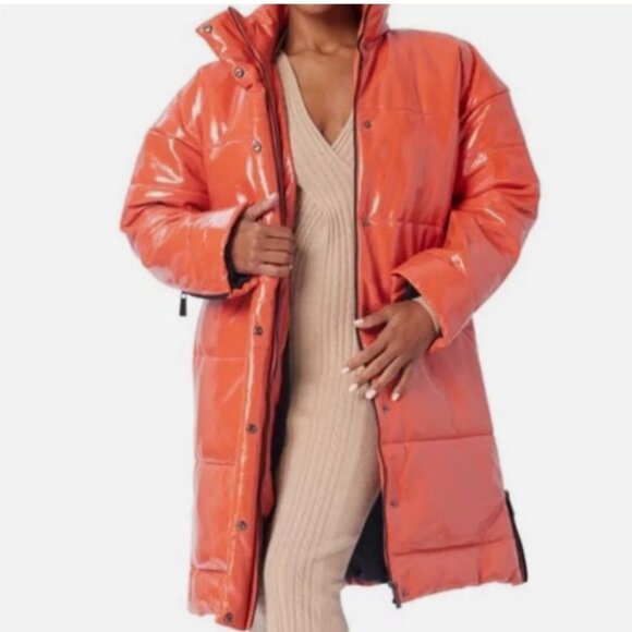 Lita by Ciara Patent Leather Puffer Coat Limited Edition Orange Fiesta Sz Small - Picture 1 of 15